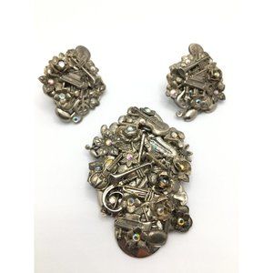 Vintage Large Artisan Brooch/Earrings Silver Tone Demi Parure Musical Instrument